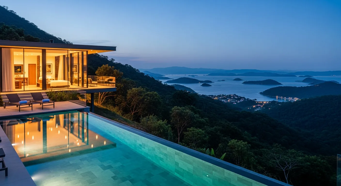 Château Portofino chalet at dusk with the infinity pool lit and the Bay of Paraty below